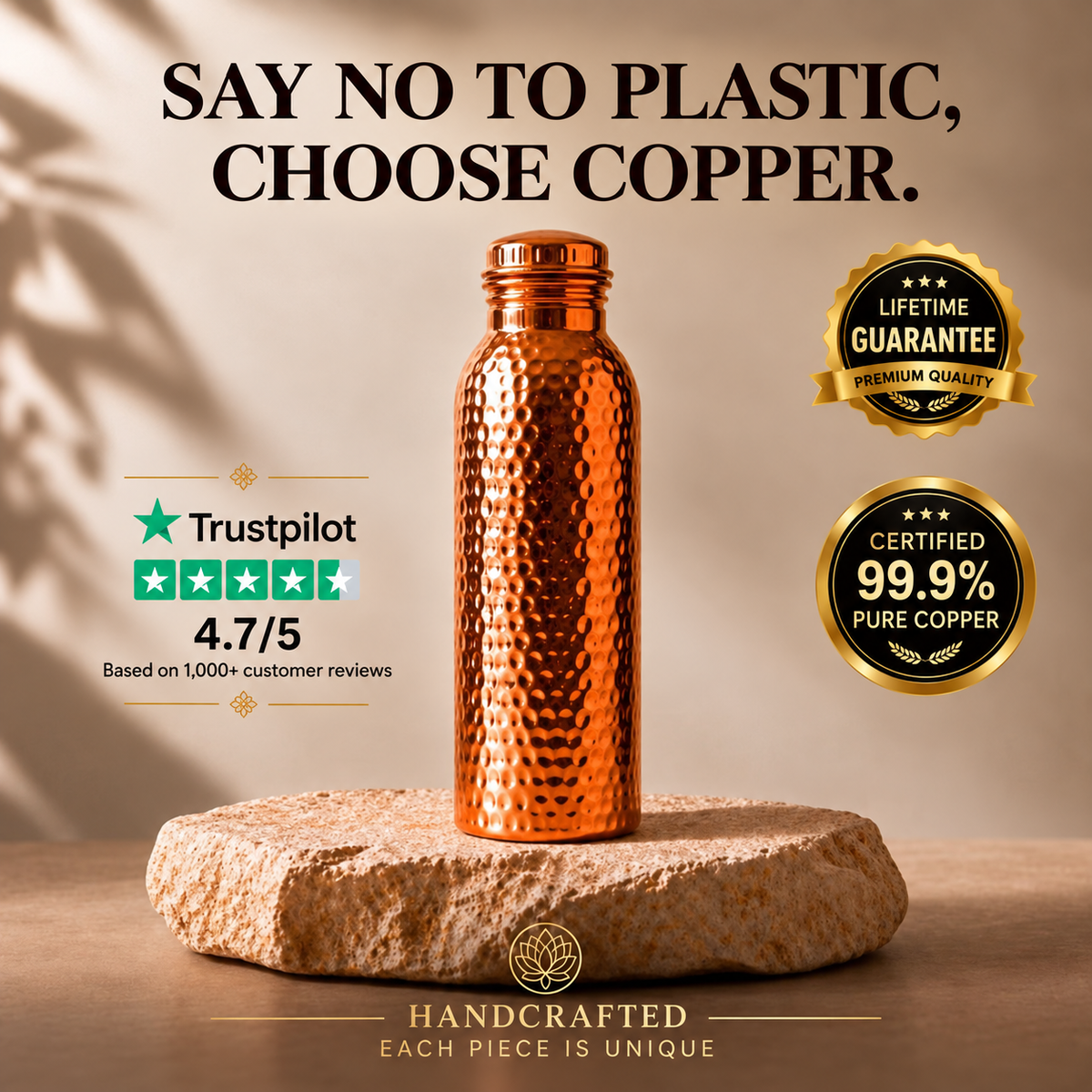 Gourde en Cuivre Pur MyLunor™ | L’Eau Purifiée Naturellement, Sans Plastique