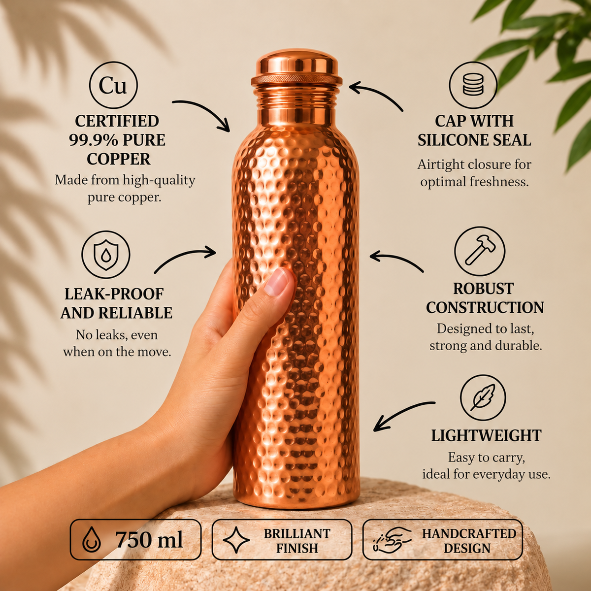 Gourde en Cuivre Pur MyLunor™ | L’Eau Purifiée Naturellement, Sans Plastique